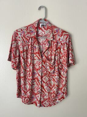 Vintage 80s 90s California Krush Geometric Shirt Red Abstract Camp Shoulder Pads